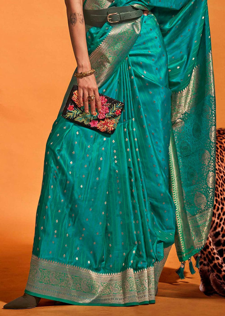 Dark Tiffany Blue Handloom Woven Designer Satin Silk Saree - qivii