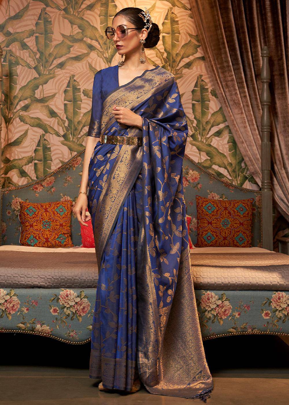 Dark Whale Blue Woven Floral Banarasi Silk Saree | Stitched Blouse - qivii