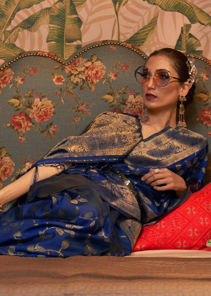 Dark Whale Blue Woven Floral Banarasi Silk Saree | Stitched Blouse - qivii