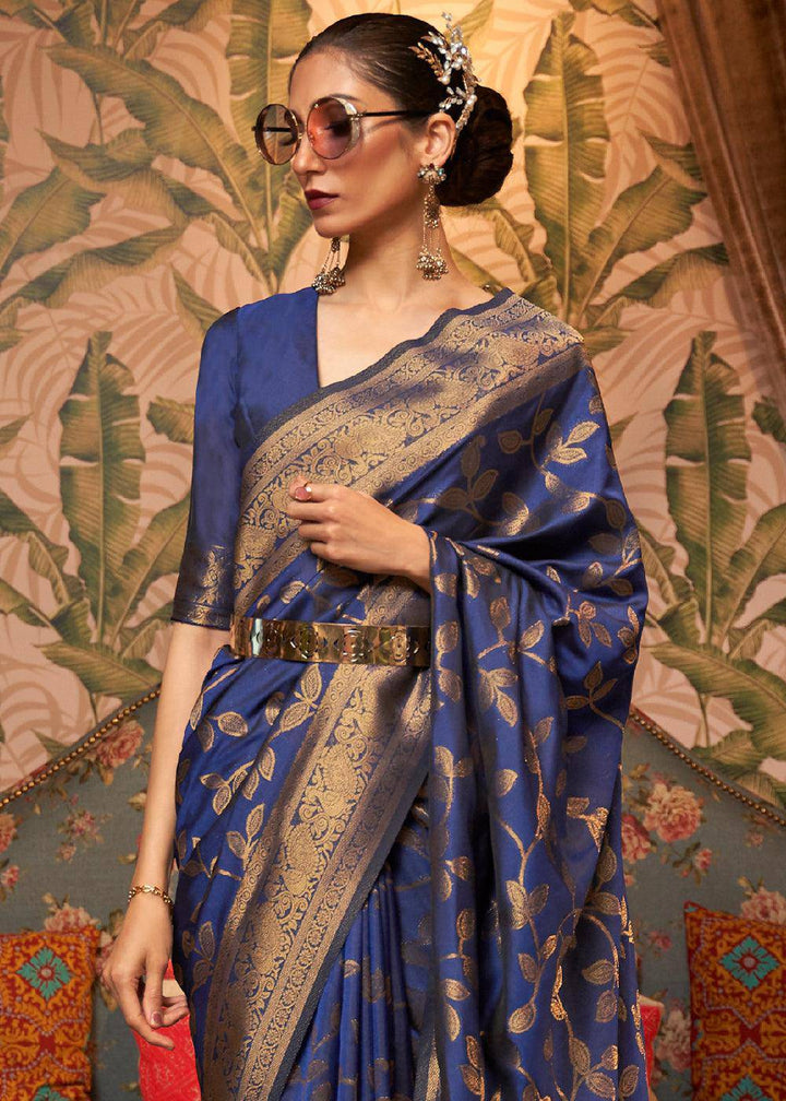 Dark Whale Blue Woven Floral Banarasi Silk Saree | Stitched Blouse - qivii