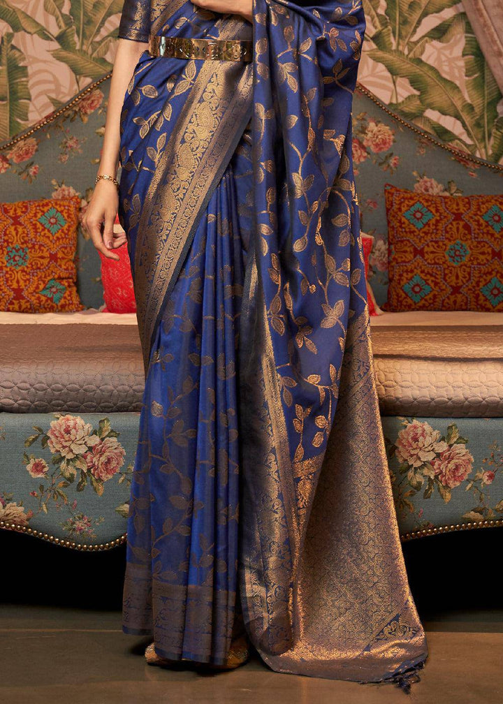 Dark Whale Blue Woven Floral Banarasi Silk Saree | Stitched Blouse - qivii