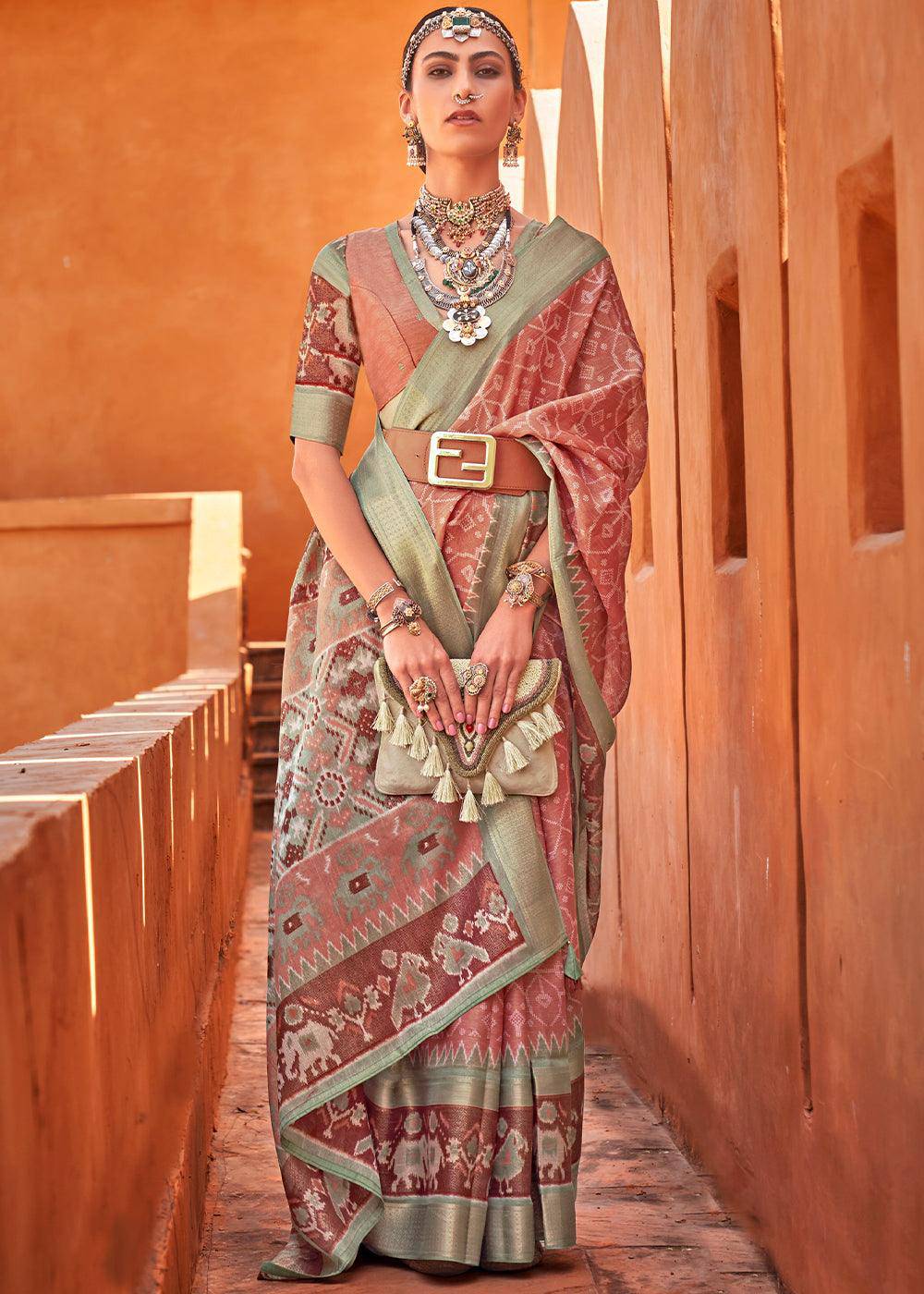 Dazzle Pink Printed Cotton Silk Saree | Stitched Blouse - qivii