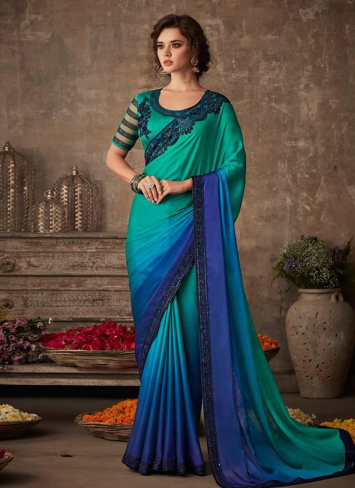 Dazzling Look Turquoise Color Double Shaded Saree With Designer Blouse  - By Kreeva