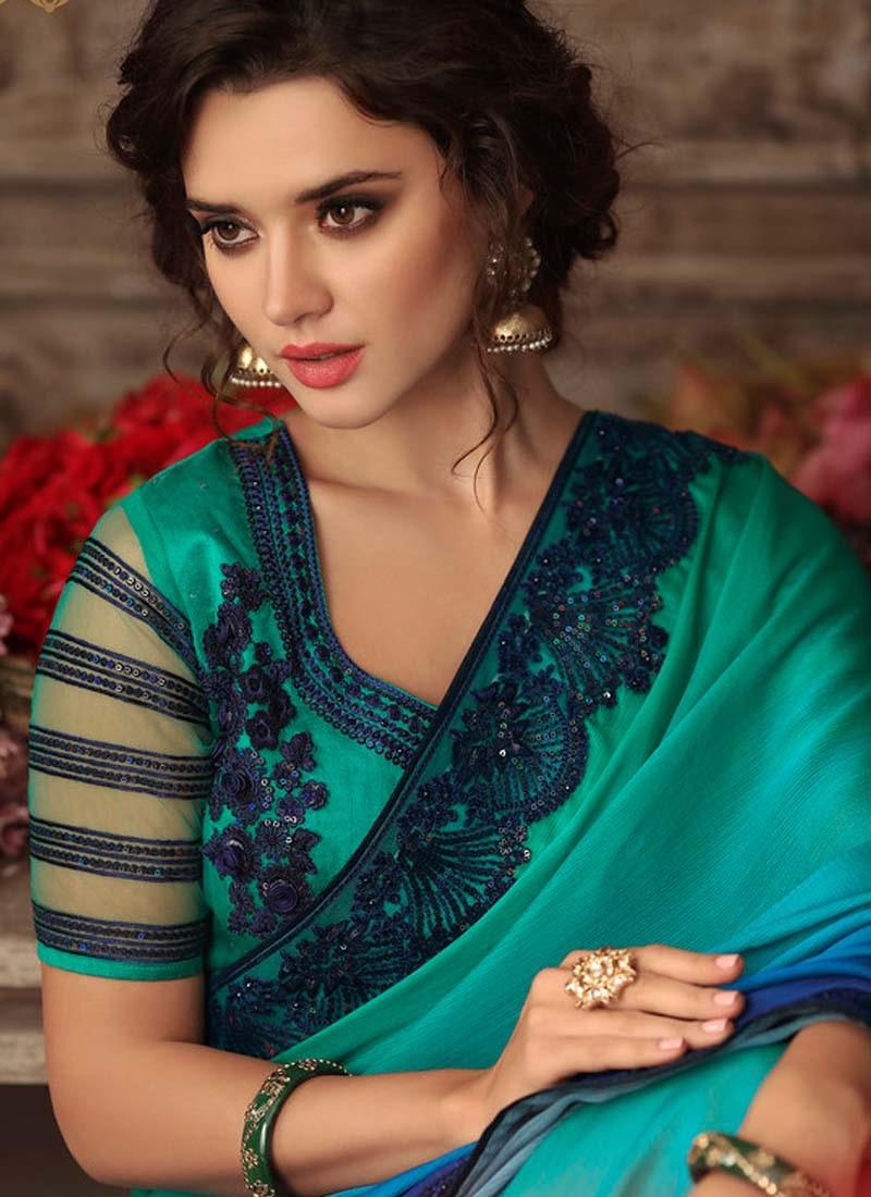 Dazzling Look Turquoise Color Double Shaded Saree With Designer Blouse  - By Kreeva