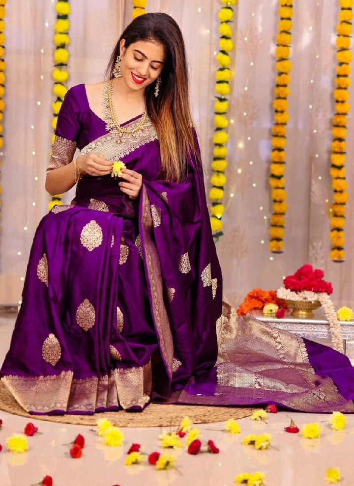 Beautiful Dazzling Purple Color Silk Base Saree With Blouse Piece - Elegant and Traditional Indian Ethnic Wear by Kreeva