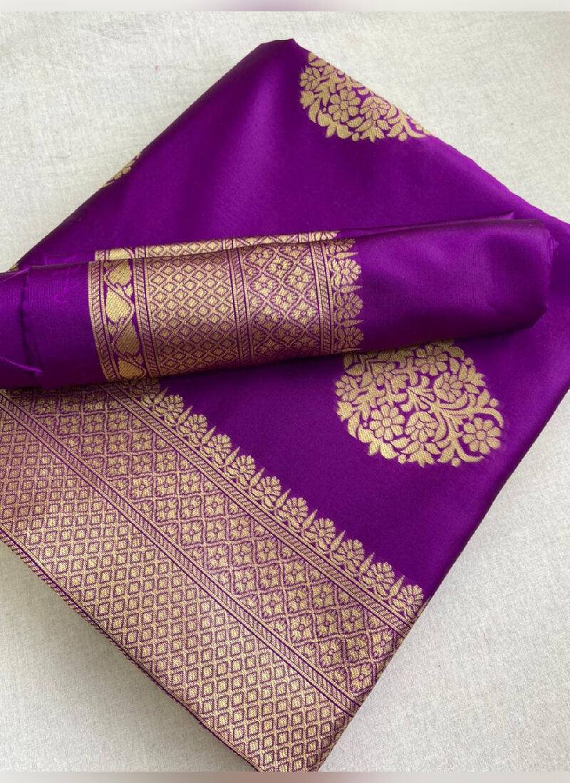 Exquisite purple silk saree with intricate patterns and matching blouse by Kreeva