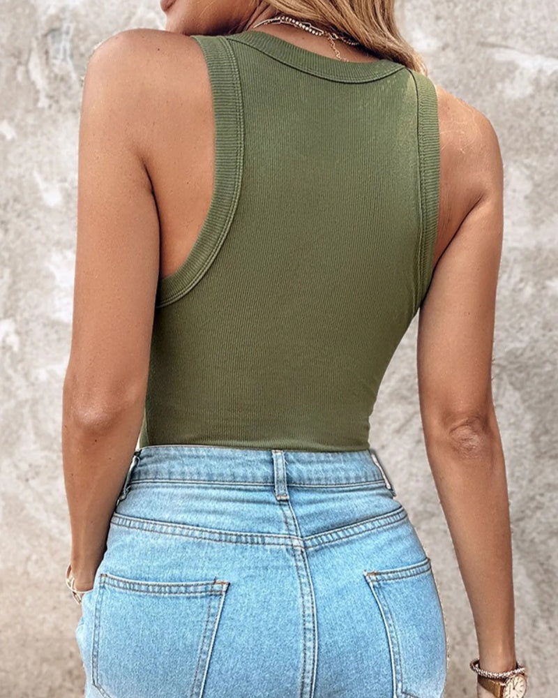 Round Neck Ribbed Tank Top Built In with Bra Padded  - By Qivii
