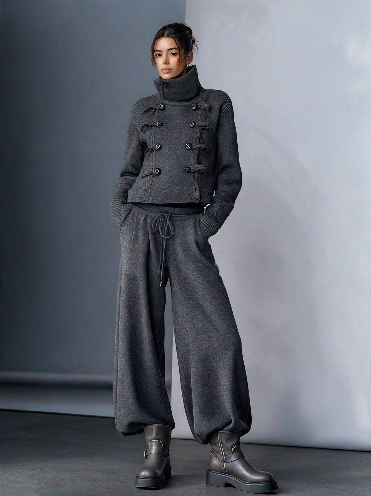 Women's High‑Collar Knit Military‑Style Cropped Jacket & Harem Wide‑Leg Pants Set MDZ0804I3R