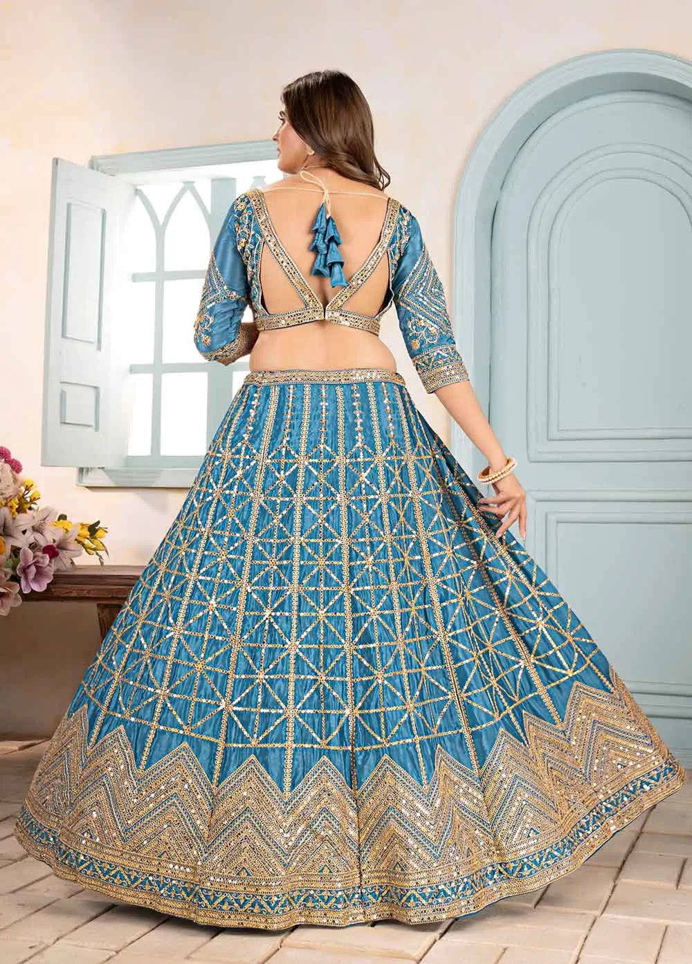 Designer Sky Sequins Embroidery Work Lehenga Choli
