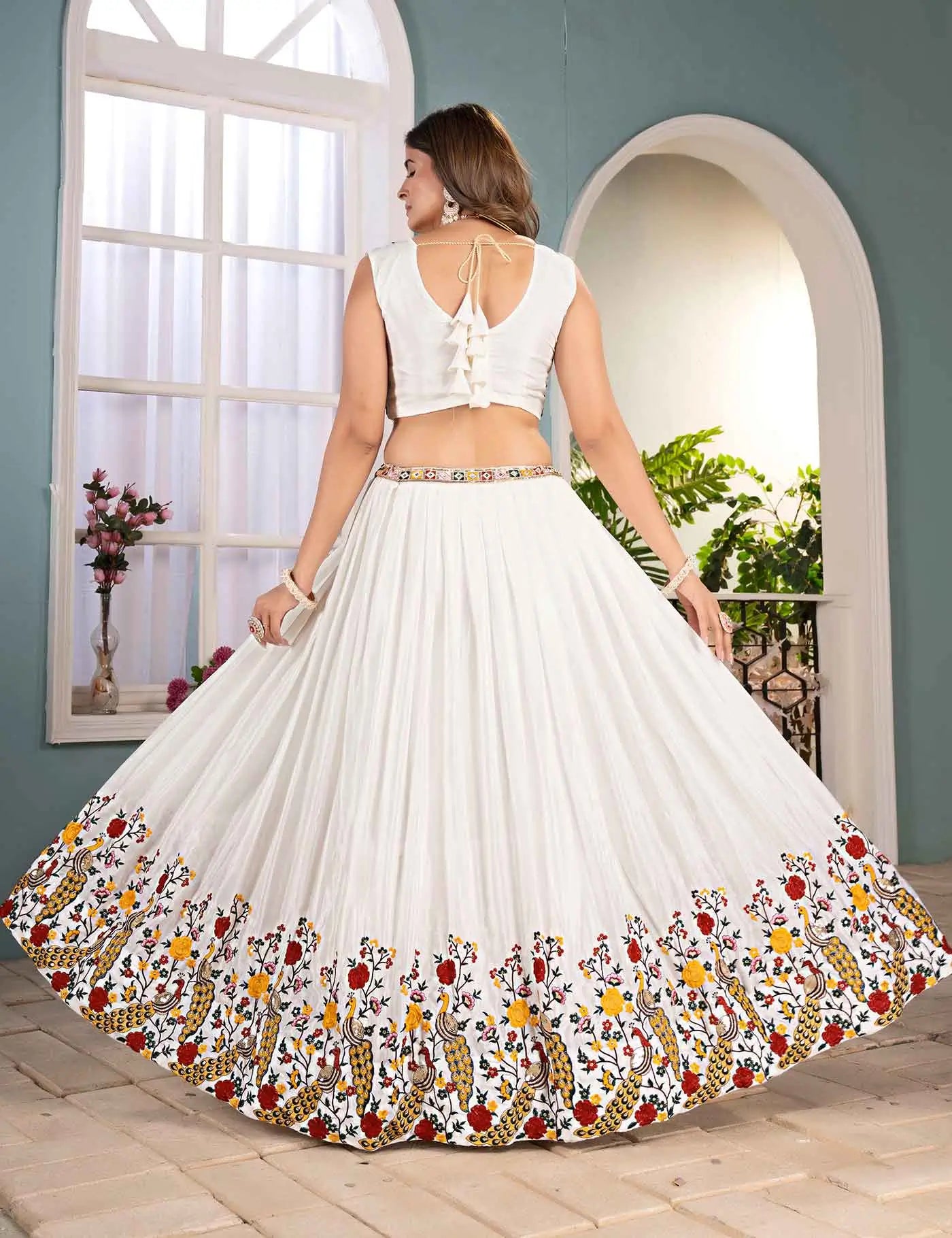 White Multi Thread Sequins Embroidery Design Work Lehenga Choli - qivii