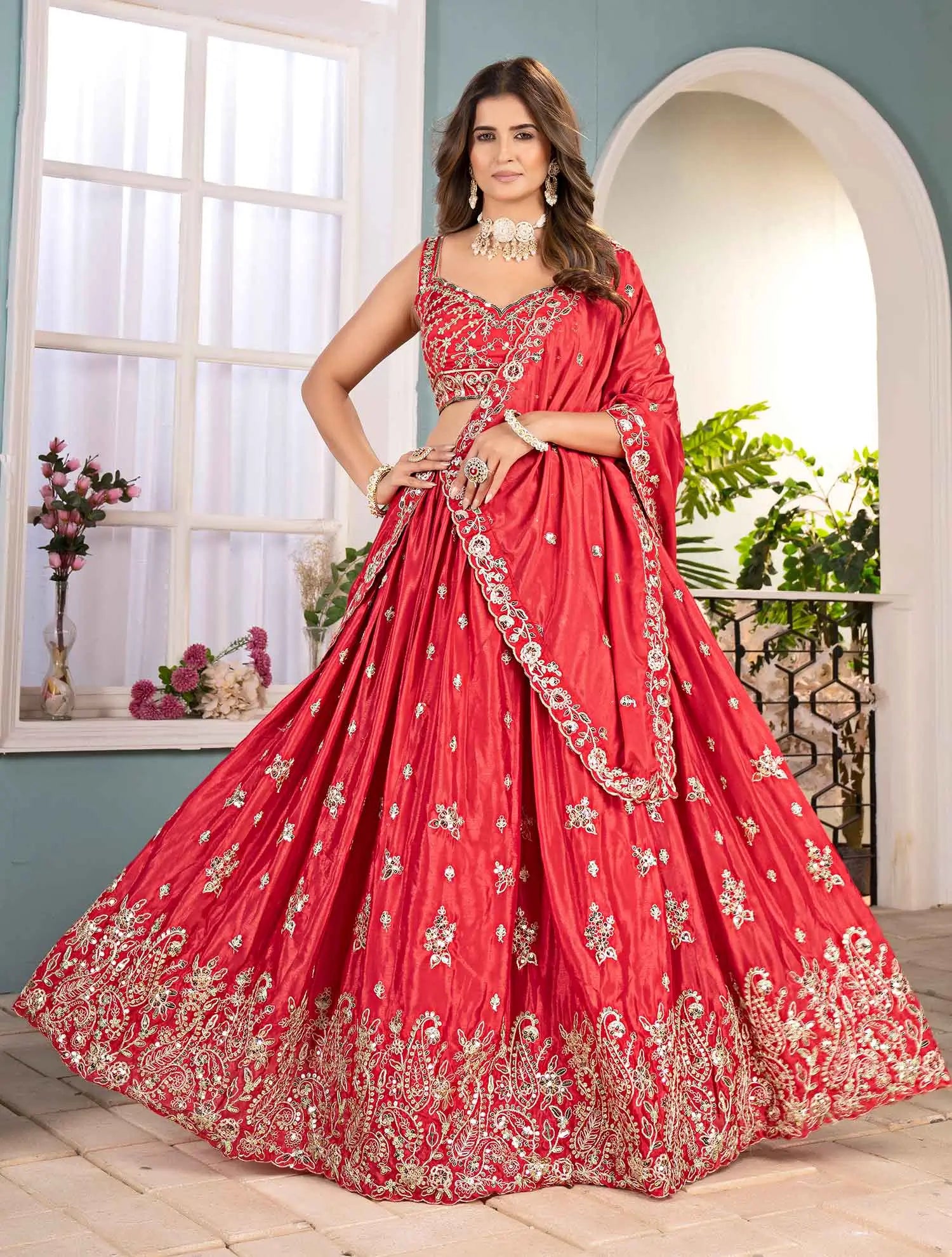 Paprika Red Sequins Embroidery Design Coding Work Lehenga Choli - qivii