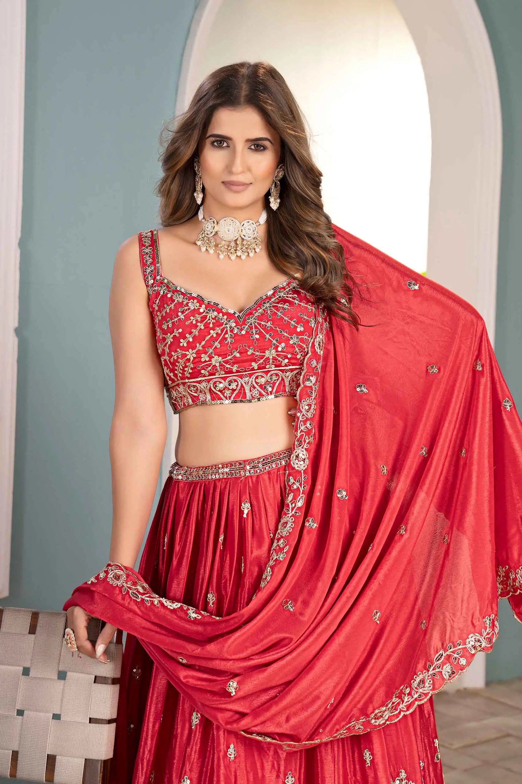 Paprika Red Sequins Embroidery Design Coding Work Lehenga Choli - qivii