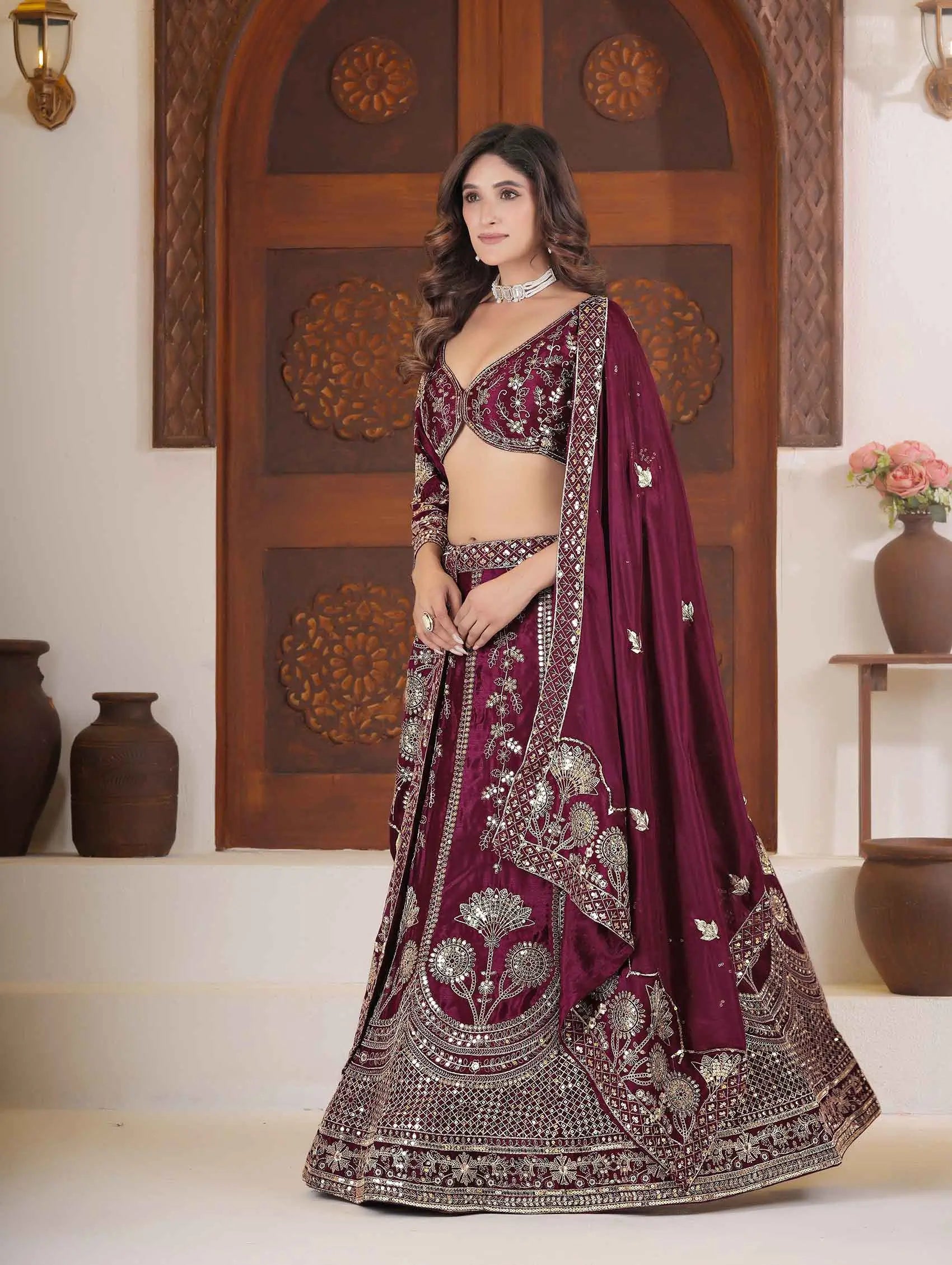 Maroon Lehenga Choli With Sequins Zari Embroidery Work