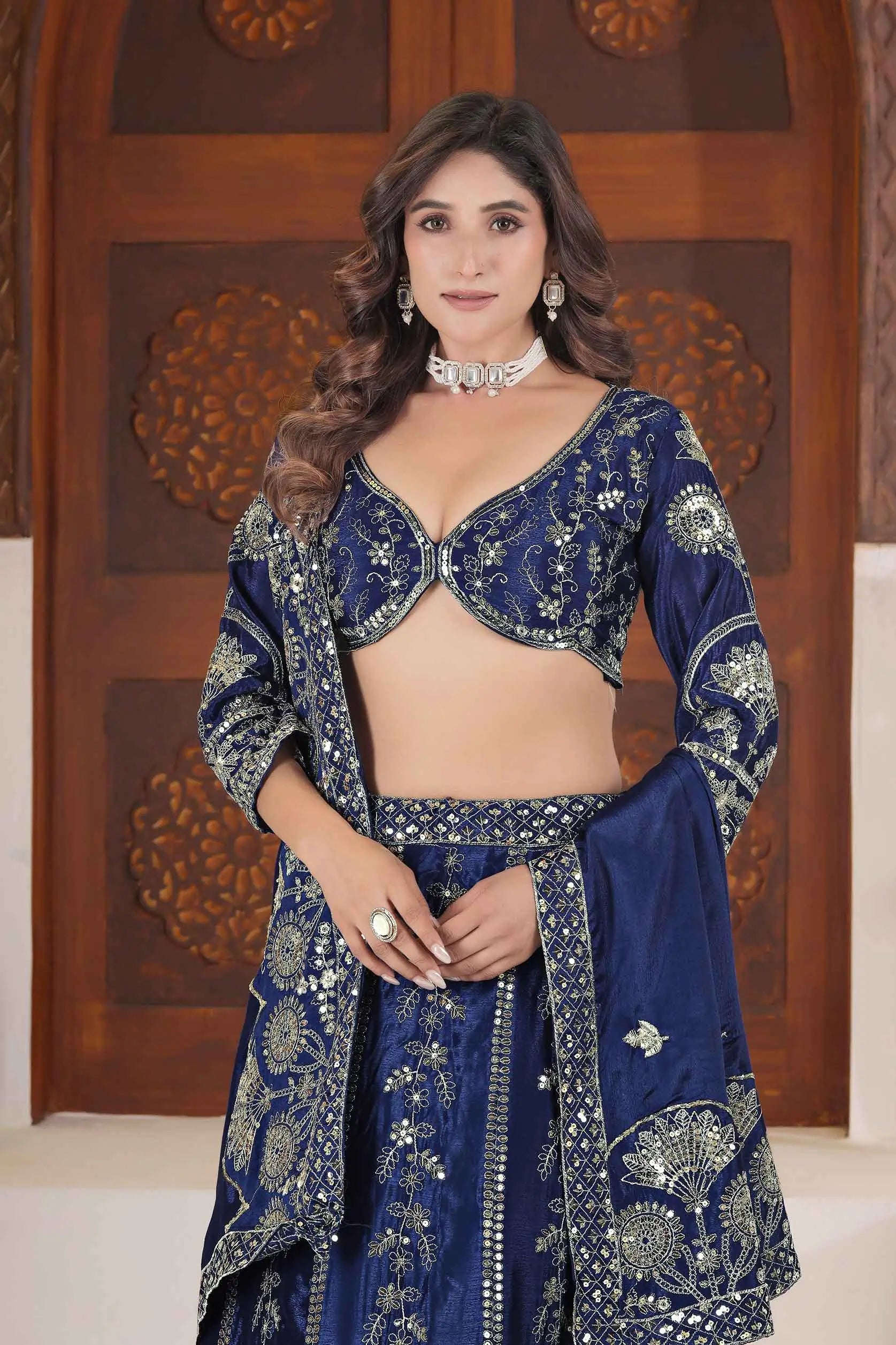 Blue Lehenga Choli With Sequins Zari Embroidery Work