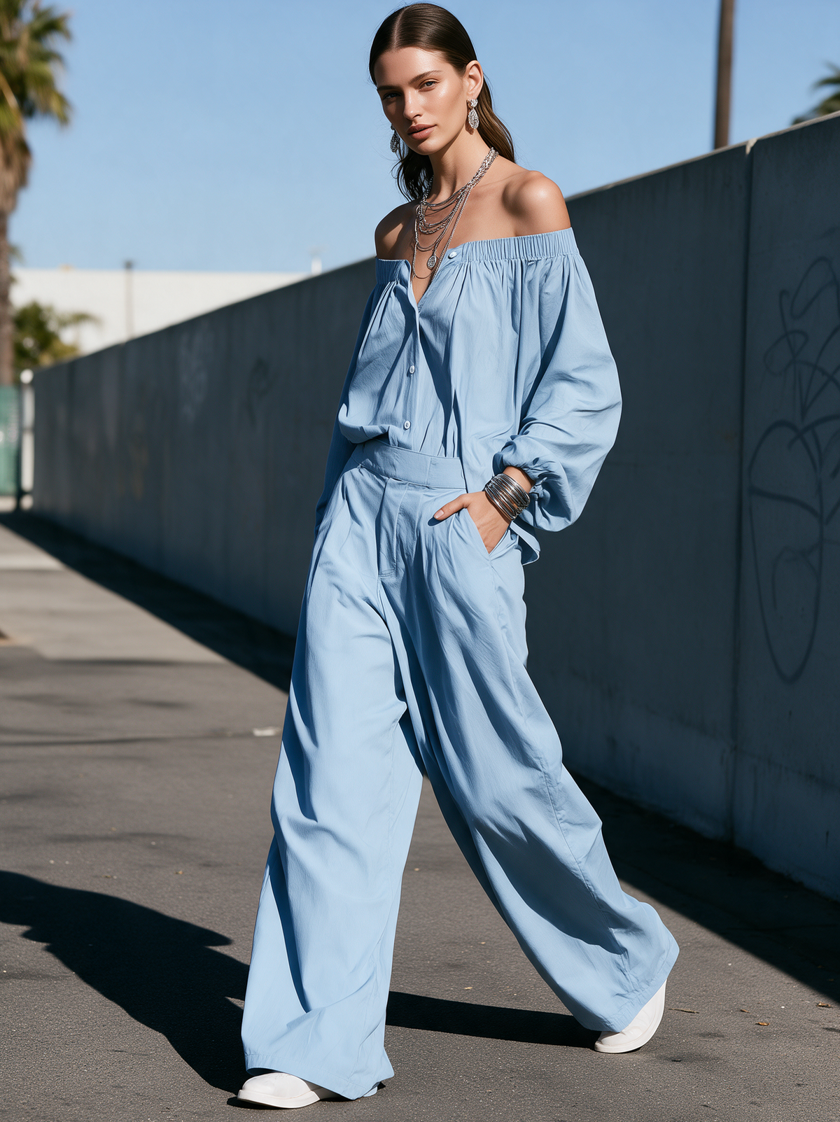 Women's Casual Light Blue Woven Off-Shoulder Long-Sleeve Jumpsuit MDZ0492I1LXY