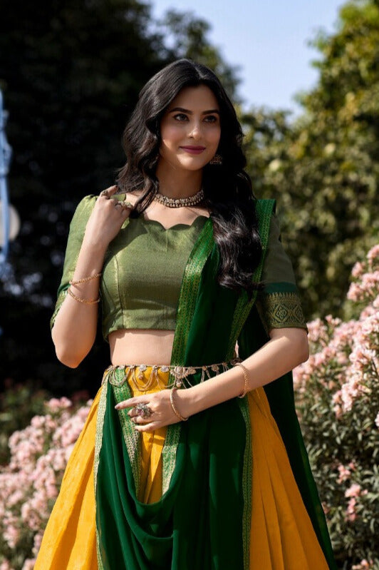 South-style Kanchipuram silk lehenga choli in Yellow Color