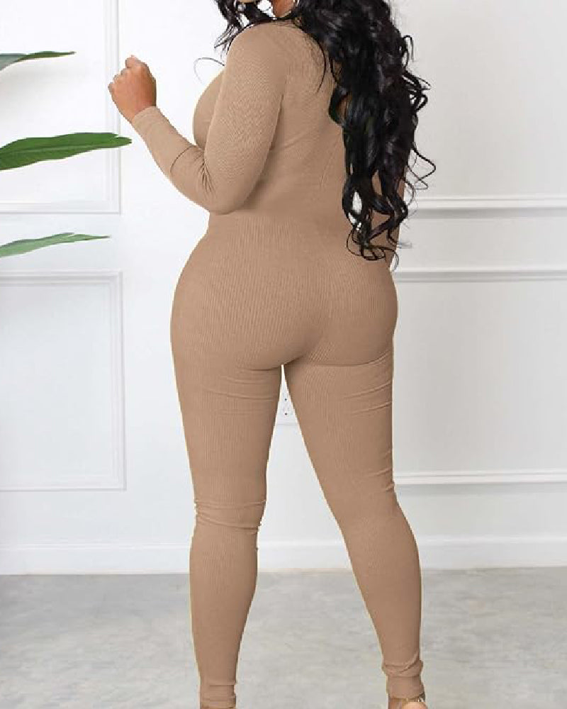 Women's Sexy Ribbed Long Sleeve Zipper Jumpsuits Casual Solid Bodycon Rompers  - By Qivii