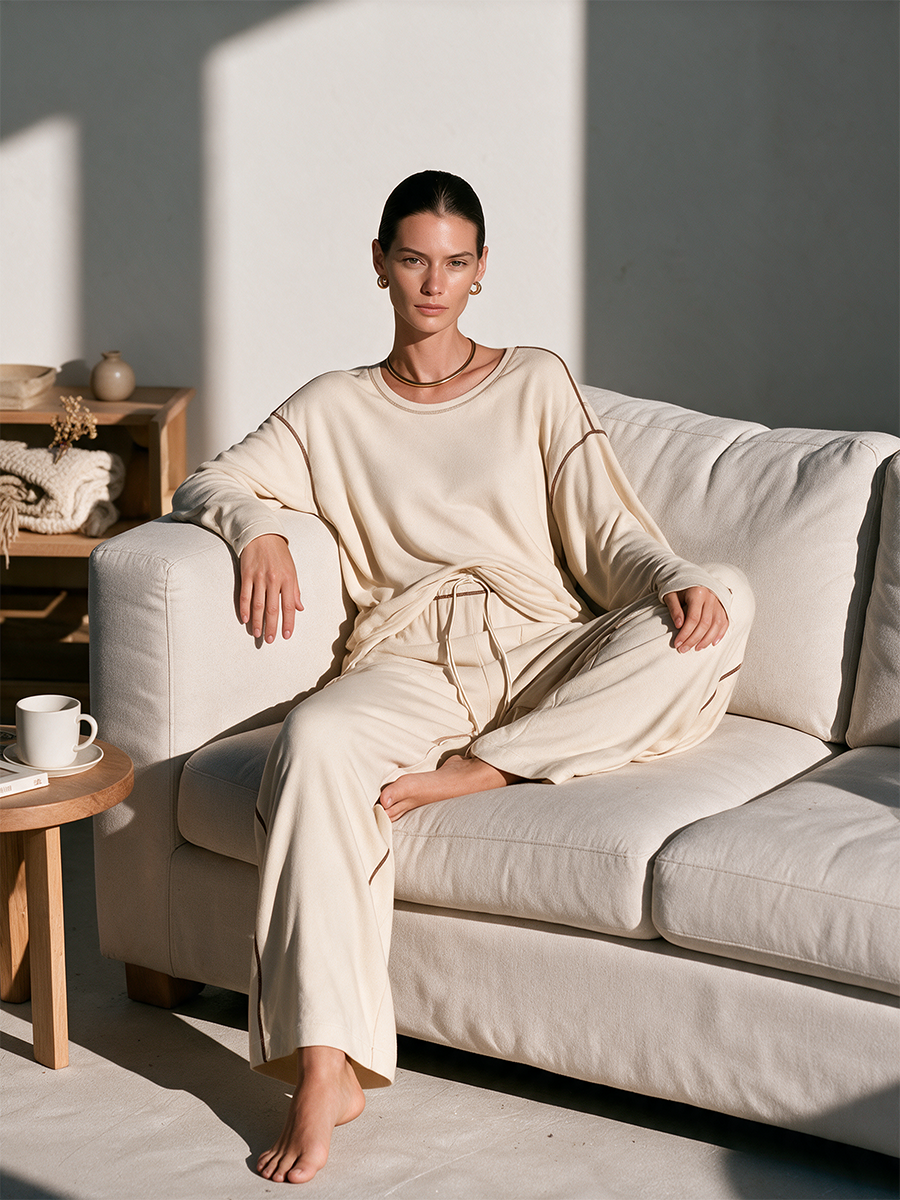 Women's Round-Neck Topstitch Drop-Shoulder Long-Sleeve Top And Drawstring Wide-Leg Pants Set MDZ0310I7CMX