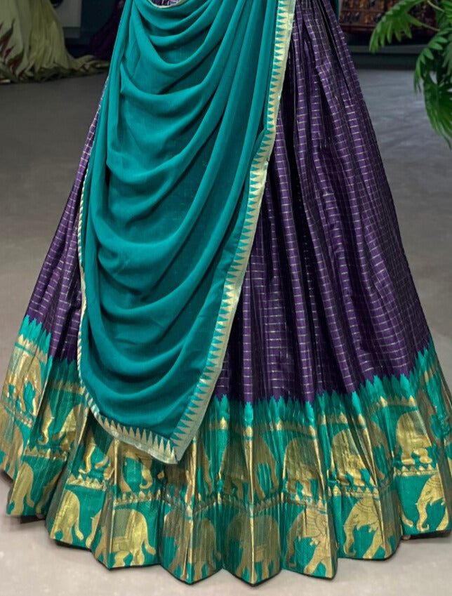 Kalyani Cotton Lehenga Choli Paired with Flowing Georgette Dupatta In Navy Blue Color