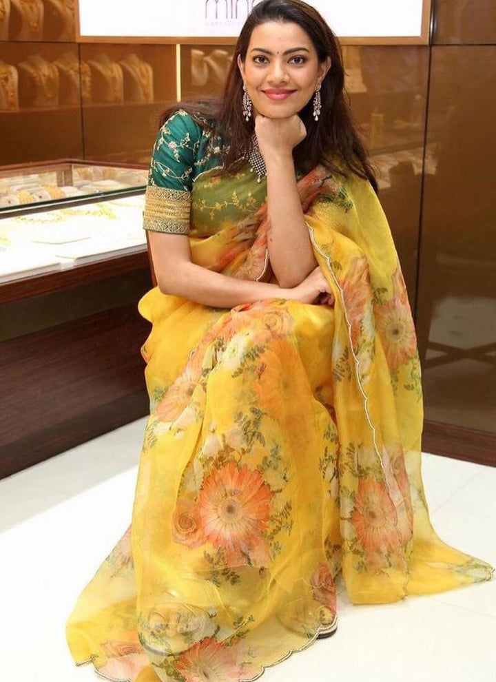 Decent Yellow Color Organza Base Saree With Green Blouse  - By Kreeva