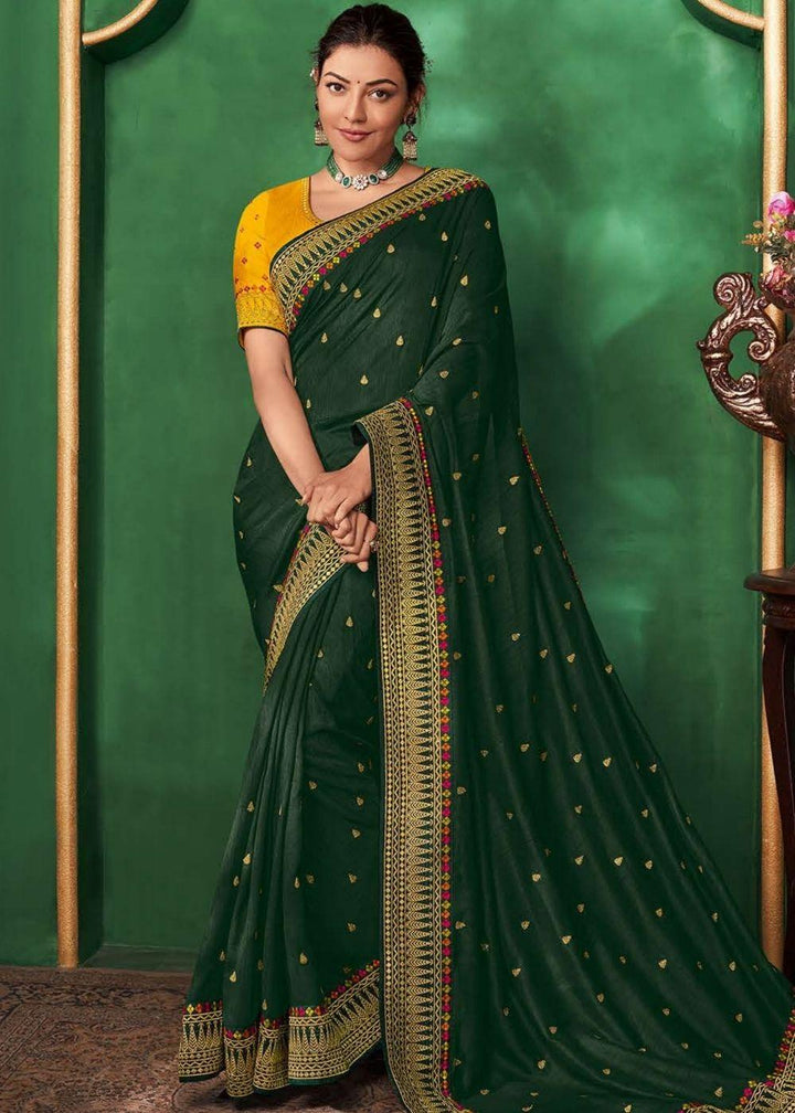 Deep Green Designer Silk Saree with Contrast Embroidered Blouse | Stitched Blouse - qivii