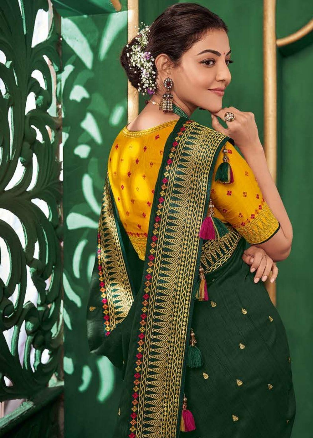 Deep Green Designer Silk Saree with Contrast Embroidered Blouse | Stitched Blouse - qivii