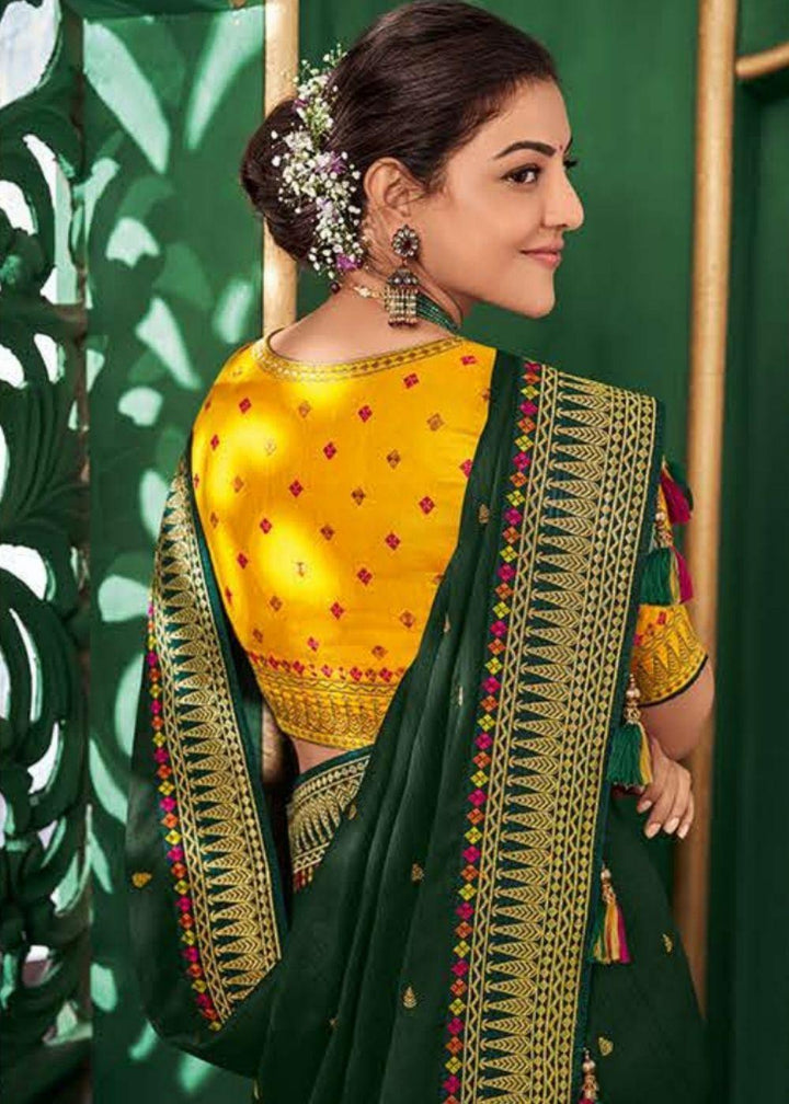 Deep Green Designer Silk Saree with Contrast Embroidered Blouse | Stitched Blouse - qivii