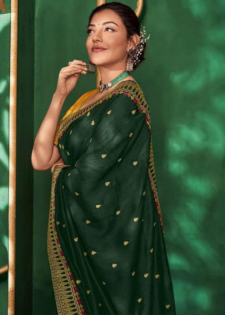 Deep Green Designer Silk Saree with Contrast Embroidered Blouse | Stitched Blouse - qivii