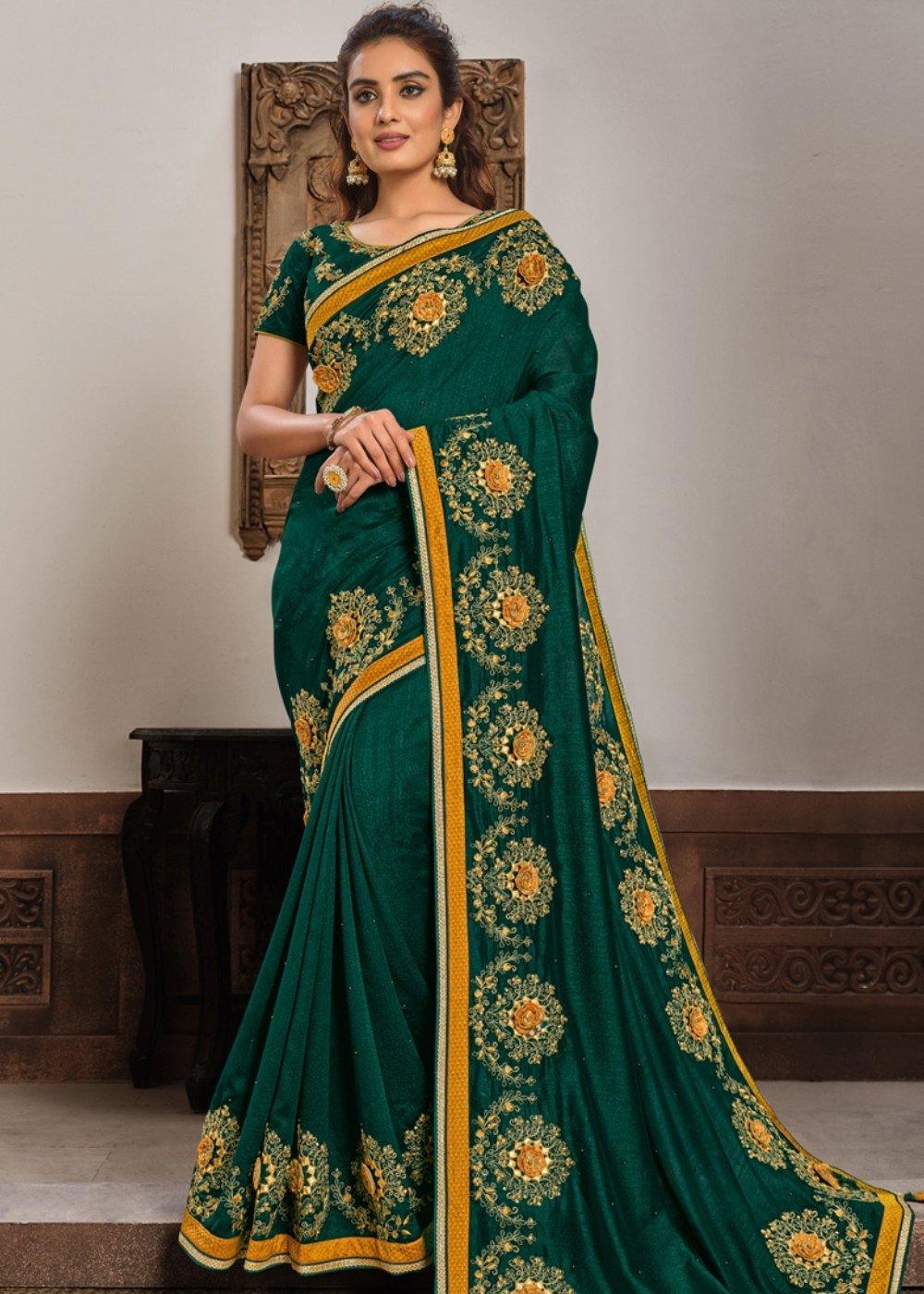 Deep Green Georgette Silk Saree with Resham, Zari & Cord Embroidery | Stitched Blouse - qivii