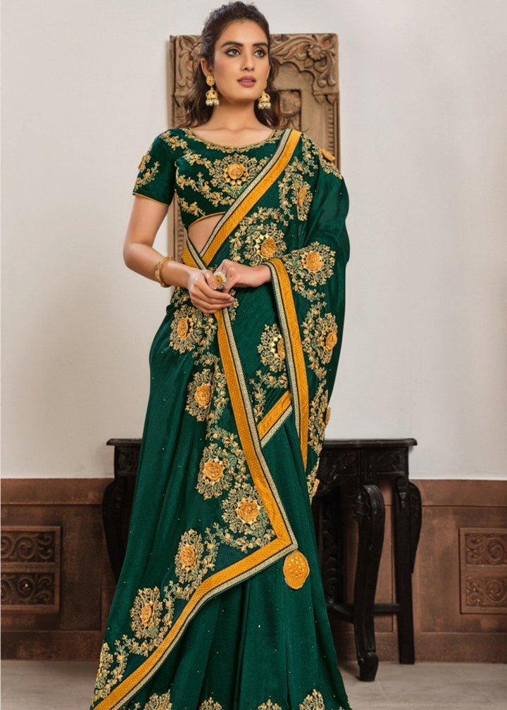 Deep Green Georgette Silk Saree with Resham, Zari & Cord Embroidery | Stitched Blouse - qivii