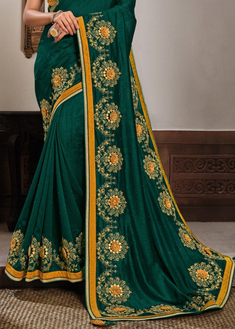 Deep Green Georgette Silk Saree with Resham, Zari & Cord Embroidery | Stitched Blouse - qivii