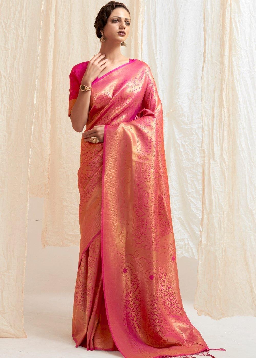 Deep Pink & Golden Blend Kanjivaram Silk Saree | Stitched Blouse - qivii