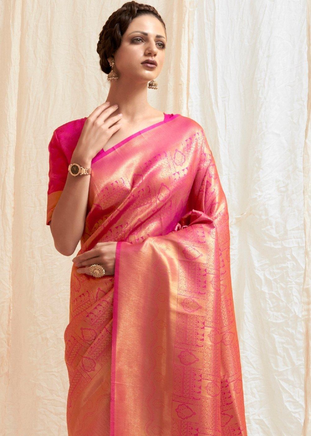 Deep Pink & Golden Blend Kanjivaram Silk Saree | Stitched Blouse - qivii