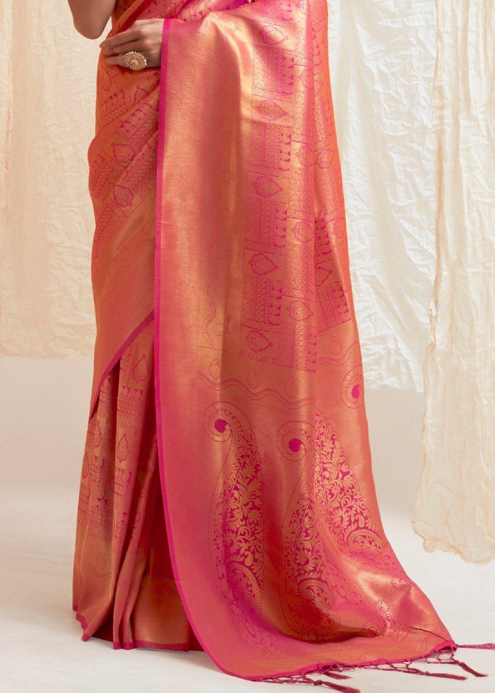 Deep Pink & Golden Blend Kanjivaram Silk Saree | Stitched Blouse - qivii