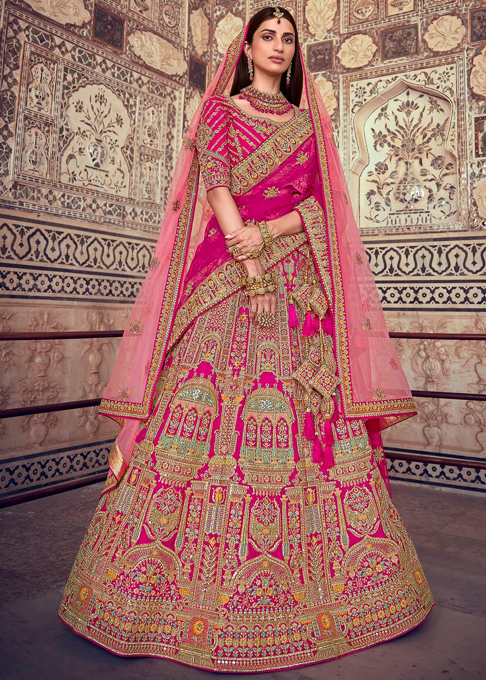 Deep Pink Banarasi Silk Lehenga Choli with Jarkan, Cutdana and Hand Embroidery work:Bridal Edition - qivii