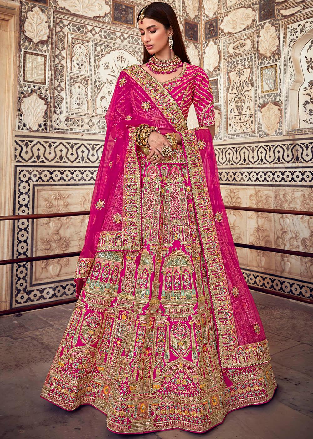 Deep Pink Banarasi Silk Lehenga Choli with Jarkan, Cutdana and Hand Embroidery work:Bridal Edition - qivii