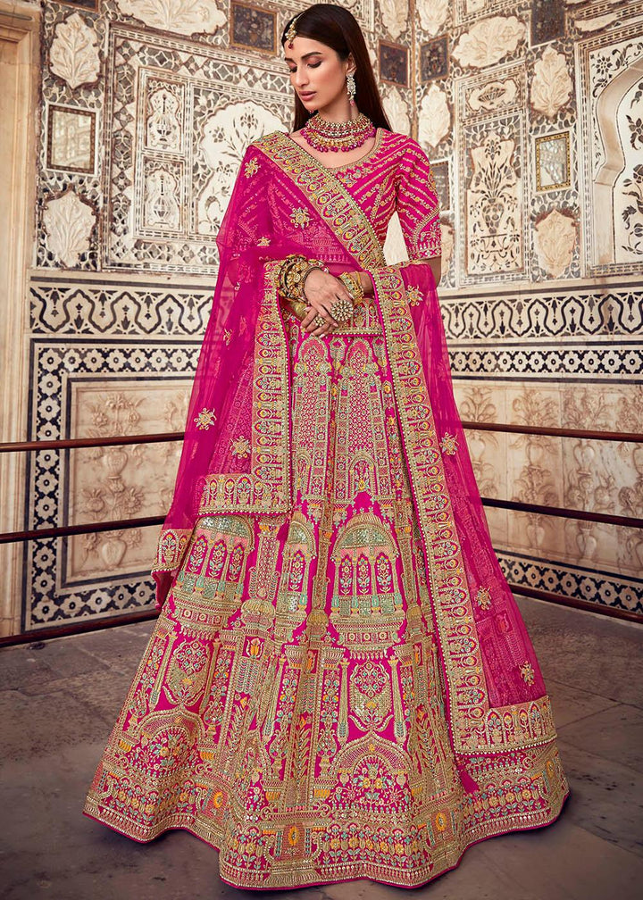 Deep Pink Banarasi Silk Lehenga Choli with Jarkan, Cutdana and Hand Embroidery work:Bridal Edition - qivii