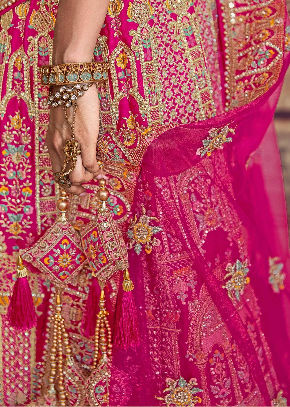 Deep Pink Banarasi Silk Lehenga Choli with Jarkan, Cutdana and Hand Embroidery work:Bridal Edition - qivii