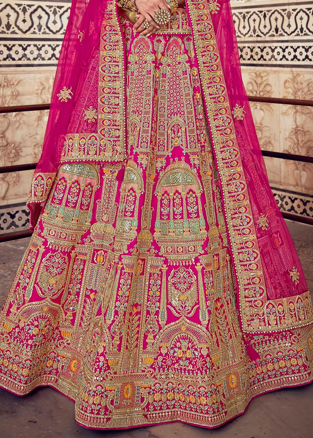 Deep Pink Banarasi Silk Lehenga Choli with Jarkan, Cutdana and Hand Embroidery work:Bridal Edition - qivii