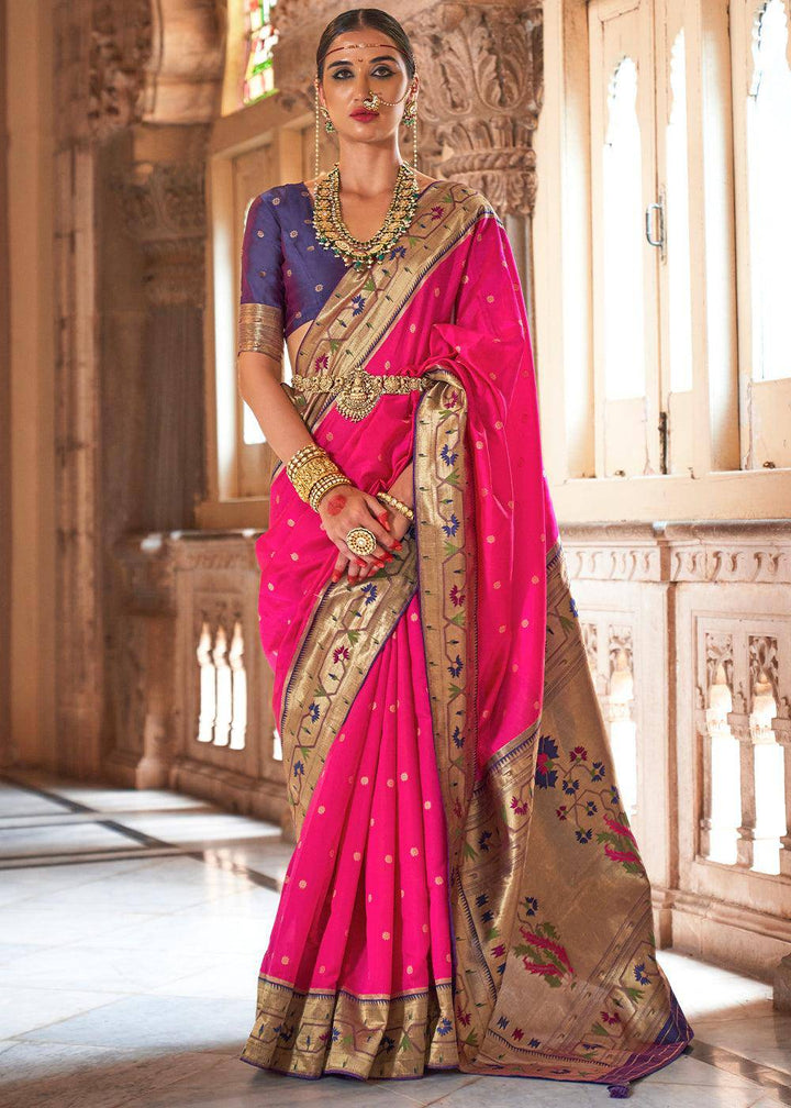 Deep Pink Paithani Silk Saree | Stitched Blouse - qivii