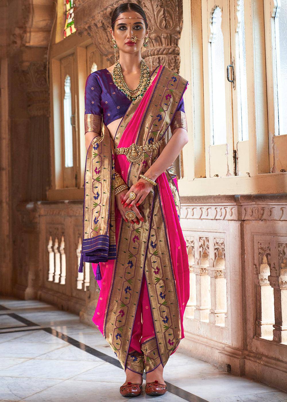 Deep Pink Paithani Silk Saree | Stitched Blouse - qivii