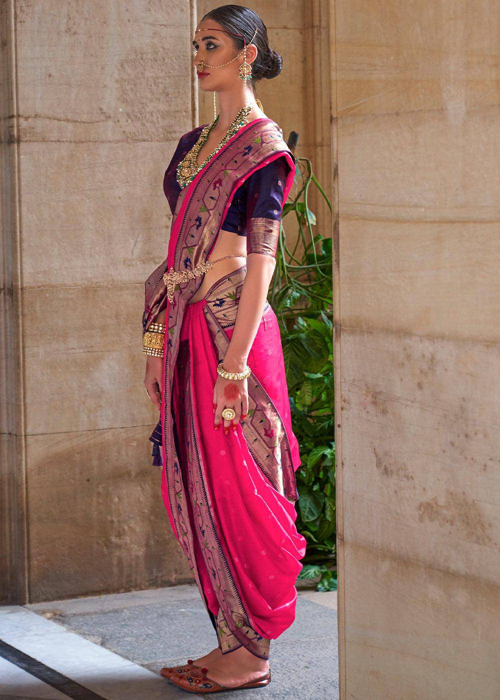 Deep Pink Paithani Silk Saree | Stitched Blouse - qivii