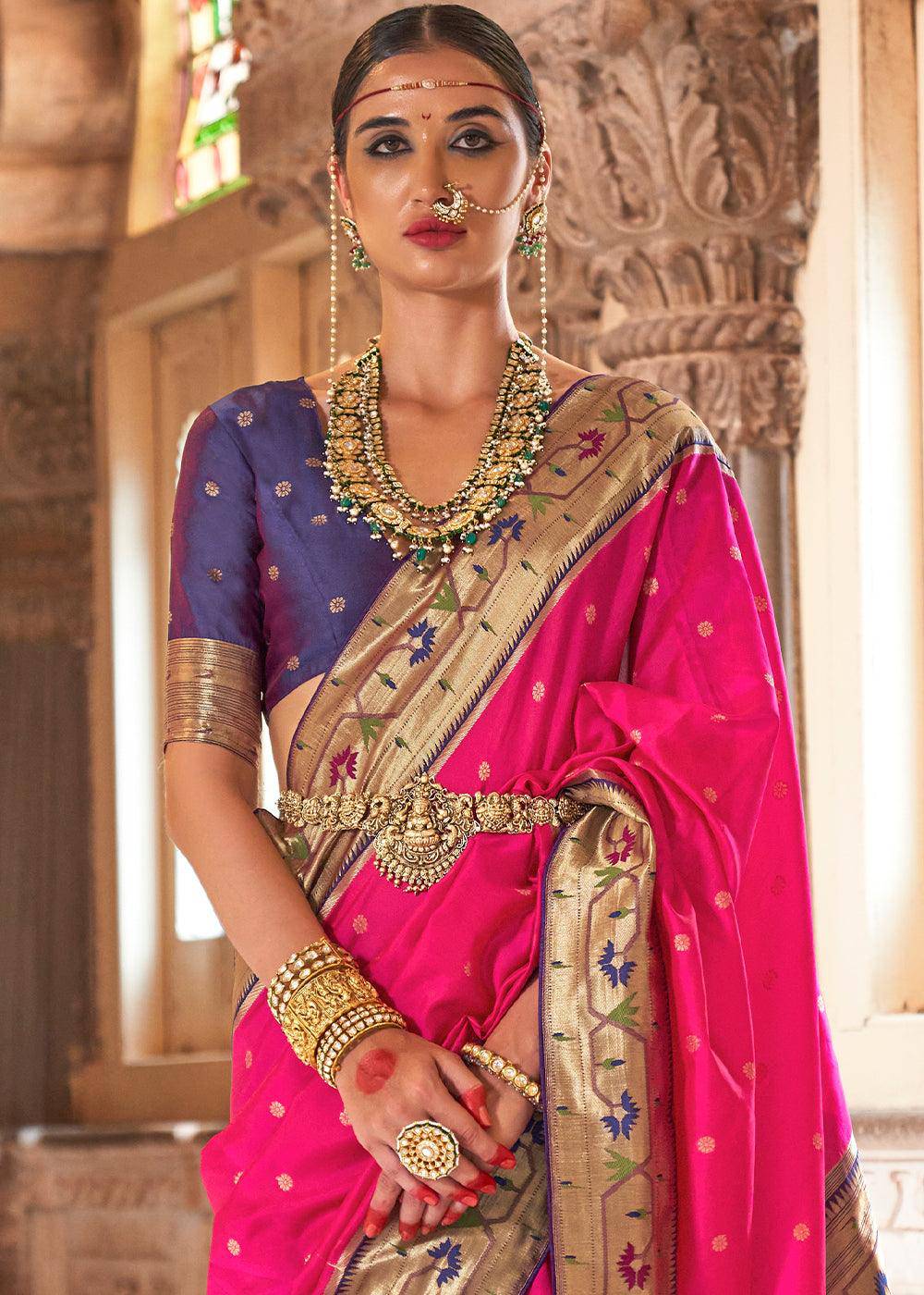 Deep Pink Paithani Silk Saree | Stitched Blouse - qivii