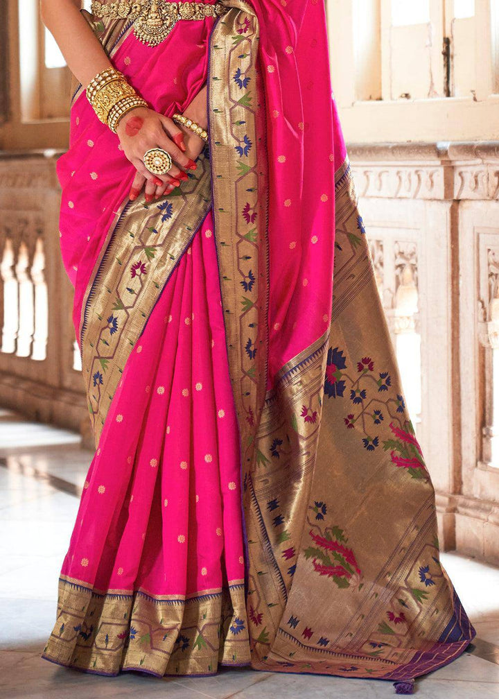 Deep Pink Paithani Silk Saree | Stitched Blouse - qivii