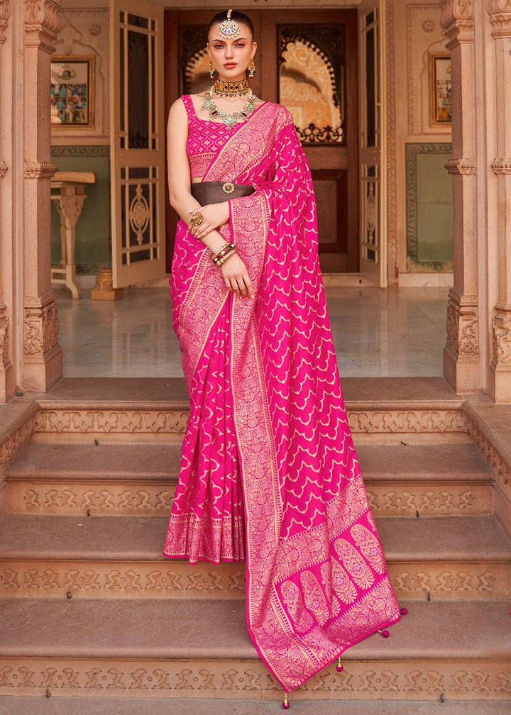 Deep Pink Zari Woven Soft Banarasi Silk Saree | Stitched Blouse - qivii