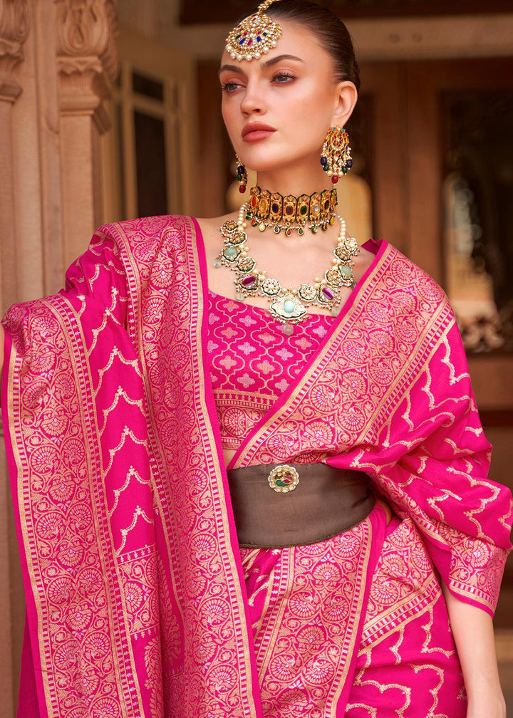 Deep Pink Zari Woven Soft Banarasi Silk Saree | Stitched Blouse - qivii