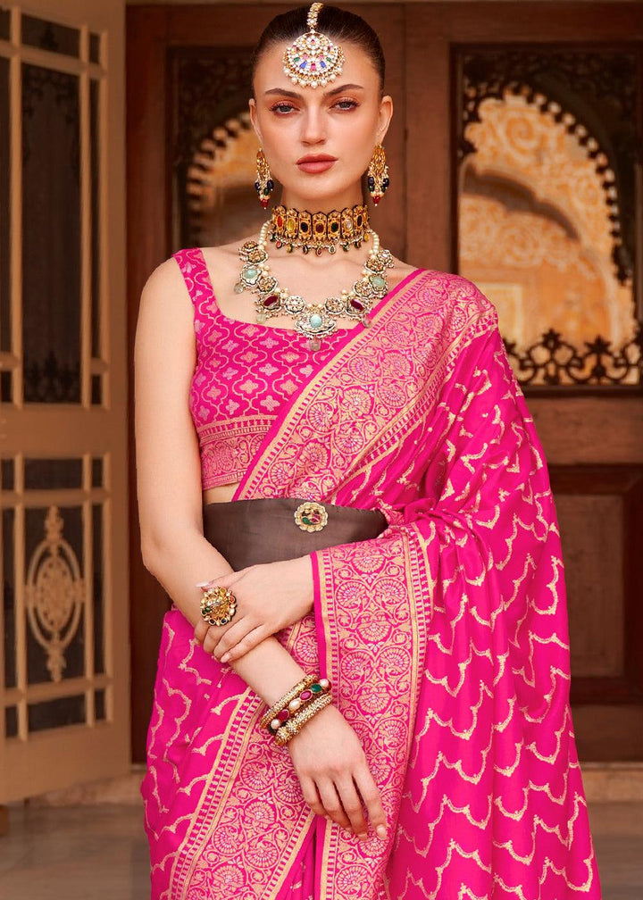 Deep Pink Zari Woven Soft Banarasi Silk Saree | Stitched Blouse - qivii