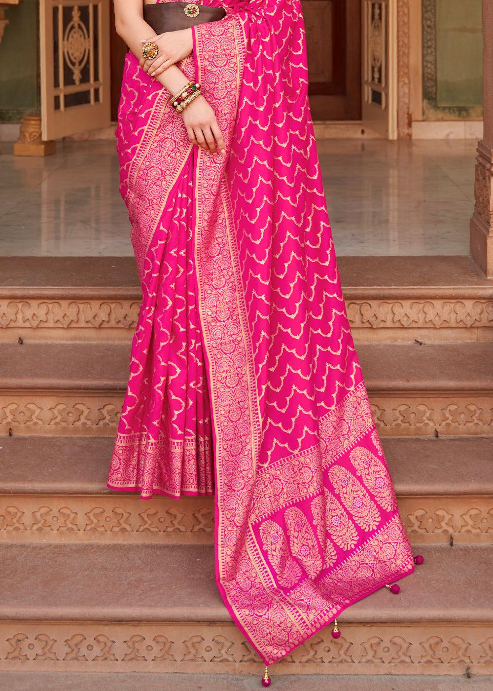 Deep Pink Zari Woven Soft Banarasi Silk Saree | Stitched Blouse - qivii