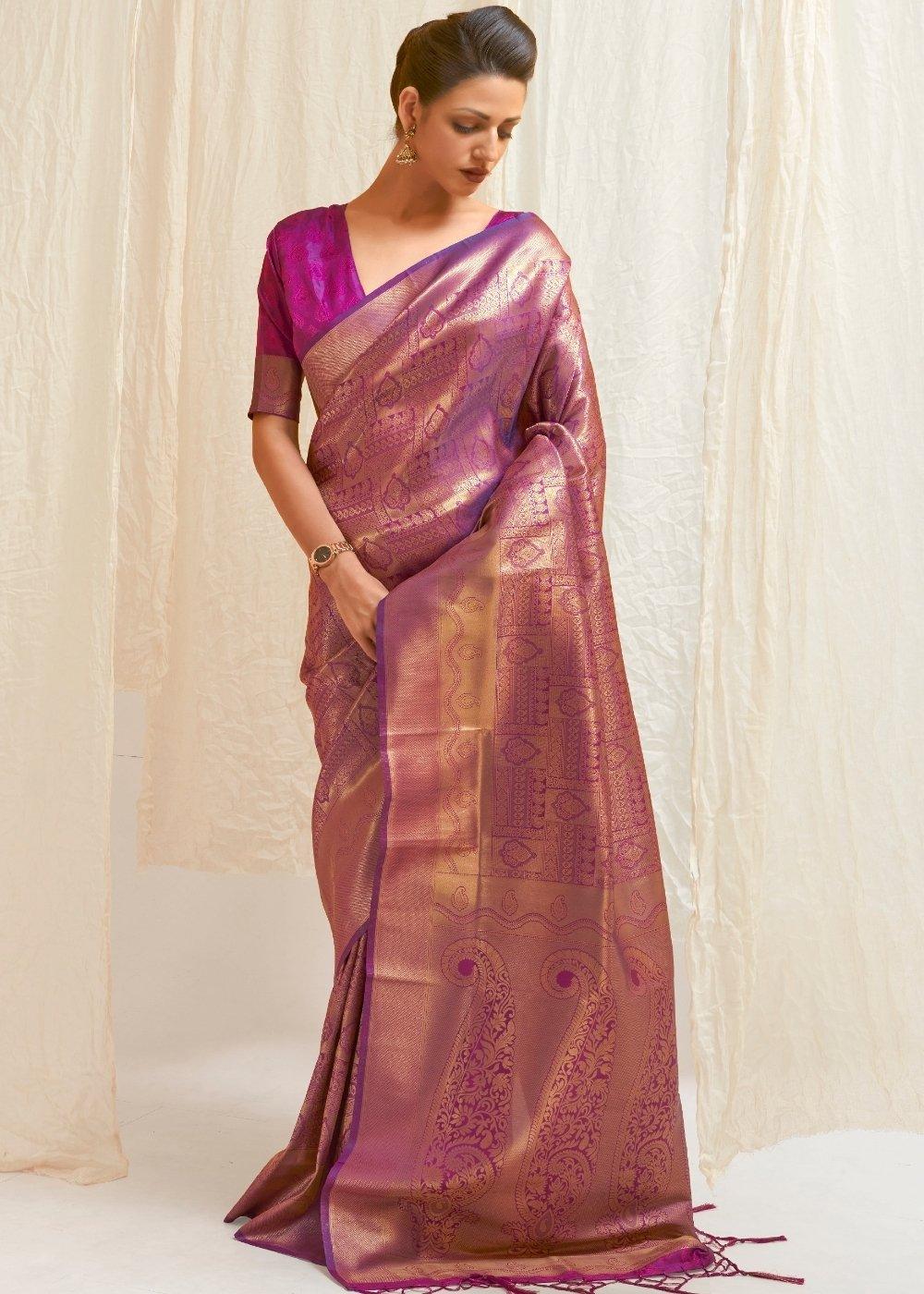 Deep Purple & Golden Blend Kanjivaram Silk Saree | Stitched Blouse - qivii