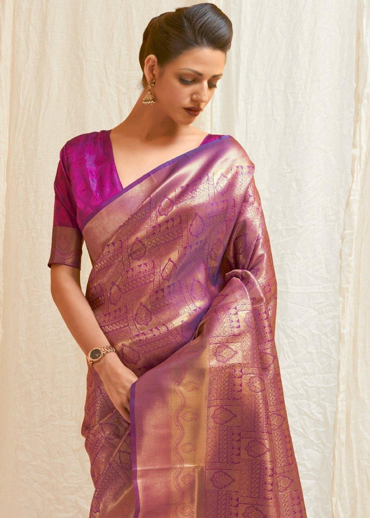 Deep Purple & Golden Blend Kanjivaram Silk Saree | Stitched Blouse - qivii